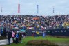 Players from left, Allisen Corpuz of the United States and teammate Nelly Korda and Maja Stark and Linn Grant of Europe react prior to hitting off the first tee during the Solheim Cup at the Bernardus Golf course in Den Bosch, Netherlands, Saturday, Sept. 12, 2026. (AP Photo/Alastair Grant)