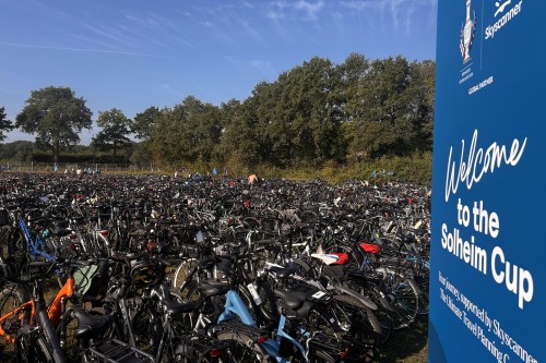 In this photo taken with a smartphone, bikes are parked in the bike park at the Solheim Cup venue, Bernardus Golf in in Den Bosch, Netherlands, Saturday Sept. 12, 2026. (AP Photos/Mike Corder)