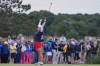Jennifer Kupcho of the United States celebrates after holing a putt on the 18th green during the Solheim Cup in Den Bosch, Netherlands, Saturday, Sept. 12, 2026. (AP Photo/Alastair Grant)