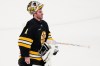 Boston Bruins goaltender Jeremy Swayman smiles after a shutout win against the New Jersey Devils following an NHL hockey game, Tuesday, April 14, 2026, in Boston. (AP Photo/Charles Krupa)