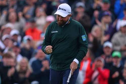 Shane Lowry of Ireland reacts during the Irish Open at Trump International Golf Links in Doonbeg, Ireland, Saturday, Sept. 12, 2026.(AP Photo/Peter Morrison)