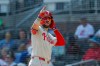Philadelphia Phillies designated hitter Kyle Schwarber reacts after hitting a two-run single against the Atlanta Braves during the eighth inning of a baseball game, Sunday, Sept. 13, 2026, in Atlanta. (AP Photo/Erik S. Lesser)