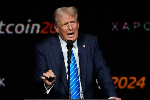 FILE - Republican presidential candidate former President Donald Trump speaks at the Bitcoin Conference, July 27, 2024, in Nashville, Tenn. (AP Photo/Mark Humphrey, File)