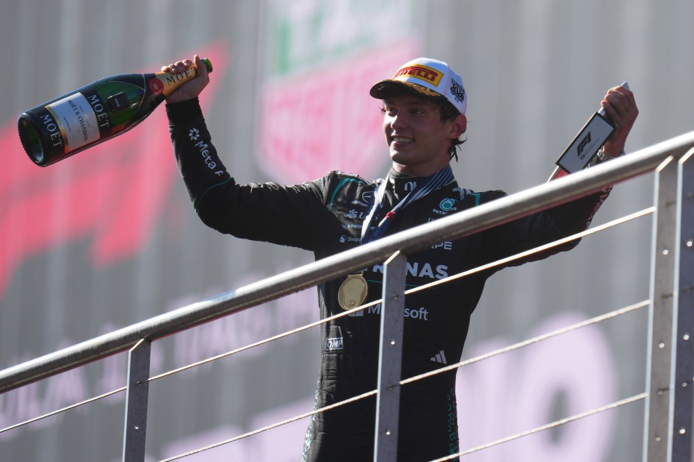 Mercedes driver Andrea Chimi Antonelli of Italy celebrates on the podium after winning the Formula 1 Spanish Grand Prix race in Madrid on Sunday, September 13, 2026. (AP Photo/Manu Fernandez)