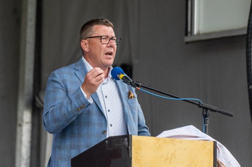 Saskatchewan Premier Scott Moe speaks at the 150th Commemoration marking the signing of Treaty 6 at Fort Carlton Provincial Historical Park, in Duck Lake, Sask., Sunday, Aug. 23, 2026. THE CANADIAN PRESS/Matt Smith