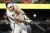 Baltimore Orioles' Pete Alonso cracks his bat on a foul ball during the eighth inning of a baseball game against the Cleveland Guardians, Wednesday, Sept. 9, 2026, in Baltimore. (AP Photo/Nick Wass)