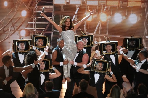 Host Mariska Hargitay, center, performs during the 78th Emmy Awards on Monday, Sept. 14, 2026, at the Peacock Theater in Los Angeles. (AP Photo/Chris Pizzello)