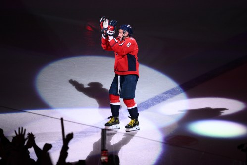 FILE - Washington Capitals left wing Alex Ovechkin reacts after he was named the first star after an NHL hockey game against the Pittsburgh Penguins, April 12, 2026, in Washington. (AP Photo/Nick Wass, File)