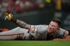 San Francisco Giants' Christian Koss reacts after grounding out during the fifth inning of a baseball game against the St. Louis Cardinals Tuesday, Sept. 15, 2026, in St. Louis. (AP Photo/Jeff Roberson)