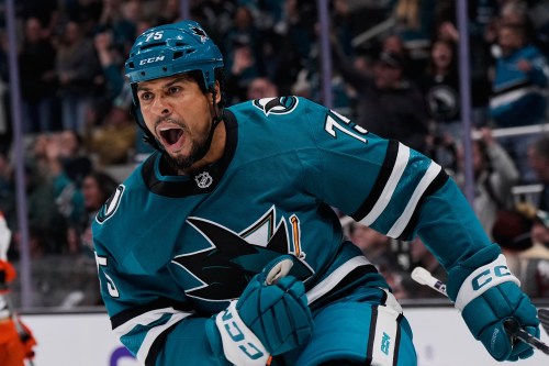 FILE - San Jose Sharks right wing Ryan Reaves celebrates after scoring a goal during the first period of an NHL hockey game against the Anaheim Ducks, Oct. 11, 2025, in San Jose, Calif. (AP Photo/Godofredo A. Vásquez, File)