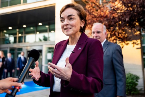 Coalition Avenir Québec Leader Christine Frechette speaks to media as she arrives to an election debate in Montreal, on Wednesday, Sept. 16, 2026. THE CANADIAN PRESS/Christopher Katsarov
The Canadian Press