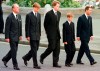 FILE - From left: Britain's Prince Philip, Prince William, Earl Spencer, Prince Harry and Prince Charles walk outside Westminster Abbey during the funeral procession for Diana, Princess of Wales, Sept. 6, 1997. (AP Photo/Jeff J. Mitchell, Pool, File)