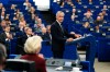 Prime Minister Mark Carney looks towards European Commission President Ursula von der Leyen, seated left, as he addresses the European Parliament in Strasbourg, France, on Thursday, Sept. 17, 2026. THE CANADIAN PRESS/Justin Tang