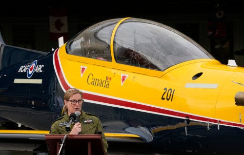 Royal Canadian Air Force Commander Lt.-Gen. Jamie Speiser-Blanchet speaks during an event introducing the Pilatus CT-157 Siskin II training aircraft in Gatineau, Que., on Thursday, Sept. 17, 2026. THE CANADIAN PRESS/Adrian Wyld