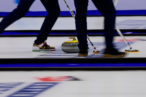 A general view of the curling stone before the Bronze Medal match between the United States and Scotland at the curling world championships, Saturday, April 4, 2026, in Ogden, Utah. (AP Photo/Tyler Tate)