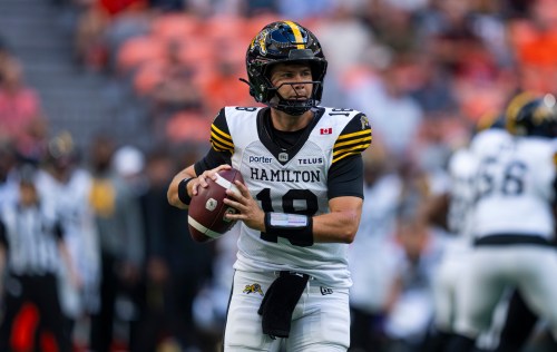 Hamilton Tiger-Cats quarterback Harrison Frost drops back to pass during first half of CFL football action against the B.C. Lions in Vancouver on Saturday, August 8, 2026. THE CANADIAN PRESS/Rich Lam