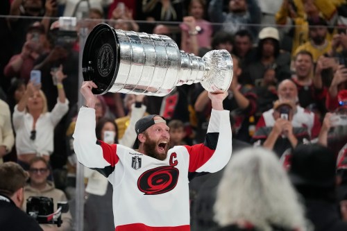 FILE - Carolina Hurricanes center Jordan Staal celebrates after a win over the Vegas Golden Knights in Game 6 of the NHL hockey Stanley Cup Final series June 14, 2026, in Las Vegas. (AP Photo/John Locher, File)