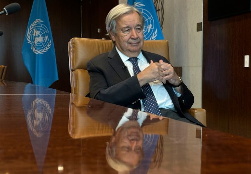 The United Nations Secretary-General Antonio Guterres speaks during an interview with The Associated Press at the United Nations headquarters, Thursday, Sept. 17, 2026. (AP Photo/David R Martin)