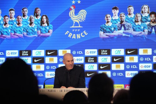 Coach of the France national soccer team, Zinedine Zidane, attends a media conference at the headquarters of French Football Federation headquarters to unveil the squad for the upcoming UEFA Nations League, in Paris, Friday, Sept. 18, 2026. (AP Photo/Thibault Camus)