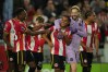 Brentford players celebrate after the Premier League soccer match between Brentford and Chelsea in London, England, Friday, Sept. 18, 2026. (AP Photo/Dave Shopland)