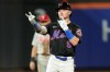 New York Mets' A.J. Ewing reacts after hitting a two-run double during the first inning of a baseball game against the Philadelphia Phillies, Friday, Sept. 18, 2026, in New York. (AP Photo/Seth Wenig)