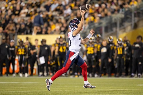 Montreal Alouettes quarterback Davis Alexander (10) throws a touchdown pass during first half CFL football action against the Hamilton Tiger-Cats in Hamilton on Friday, Sept. 18, 2026. THE CANADIAN PRESS/Nick Iwanyshyn