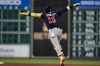 Atlanta Braves' Ronald Acuña Jr. celebrates after hitting a home run during the seventh inning of a baseball game against the Houston Astros in Houston, Friday, Sept. 18, 2026. (AP Photo/Ashley Landis)