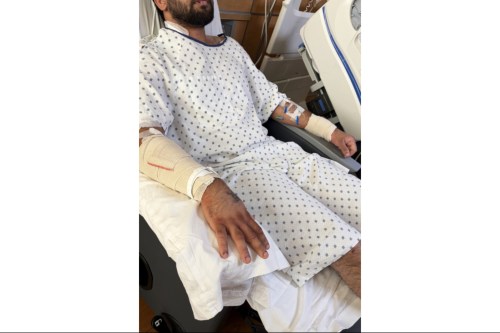 This photo provided by Jasjit Singh shows the Sikh victim of a stabbing attack at a Wyoming rest area is pictured in a Casper, Wy., hospital on Wednesday, Sept. 16, 2026. (Jasjit Singh via AP)