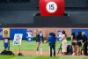 Carlos Beltran acknowledges fans during a ceremony to retire his number, Saturday, Sept. 19, 2026, in New York. (AP Photo/Noah K. Murray)