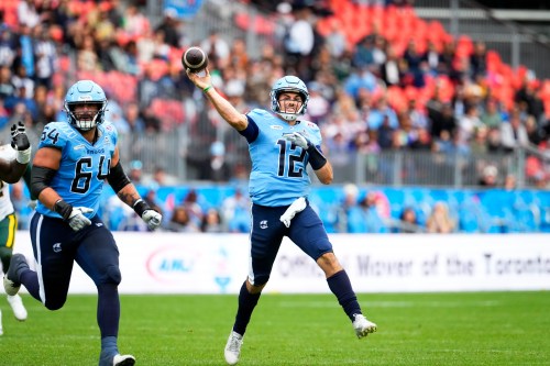 Toronto Argonauts quarterback Chad Kelly (12) throws a pass during first half CFL football action against the Edmonton Elks in Toronto on Saturday, Sept. 19, 2026. THE CANADIAN PRESS/Arlyn McAdorey