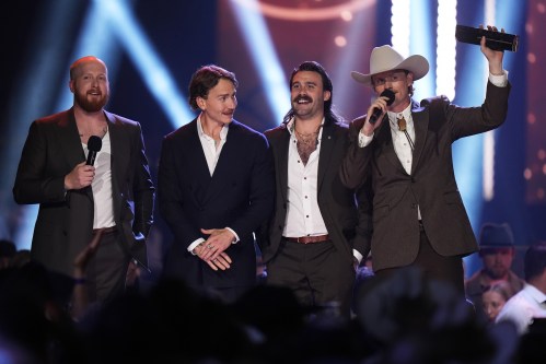 Taylor Abram, left to right, Bobby Martin, Connor Stephen and James Barker, of the James Barker Band, accept the Group or Duo of the Year award at the Canadian Country Music Association Awards, in Kelowna, B.C., on Saturday, September 13, 2025. THE CANADIAN PRESS/Darryl Dyck