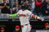 Cleveland Guardians' Angel Martinez reacts after hitting a two-run home run off Athletics starting pitcher Jacob Lopez during the first inning of a baseball game, Saturday, Sept. 19, 2026, in Cleveland. (AP Photo/Phil Long)