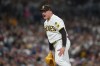 San Diego Padres pitcher Adrian Morejon celebrates the third out during the seventh inning of a baseball game against the Miami Marlins Saturday, Sept. 19, 2026, in San Diego. (AP Photo/Gregory Bull)