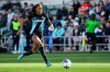 FILE- Gotham FC forward Jordynn Dudley brings the ball upfield against the Kansas City Current during an NWSL soccer match, April 4, 2026, in Kansas City, Mo. (AP Photo/Reed Hoffmann, File)