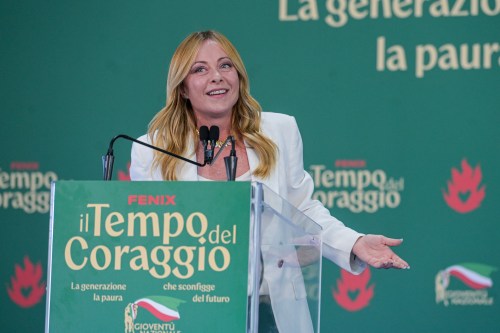 Italy's Prime Minister Giorgia Meloni attends at Fenix, the FdI youth festival, in Rome, Sunday, Sept. 20, 2026. (Valentina Stefanelli/LaPresse via AP)