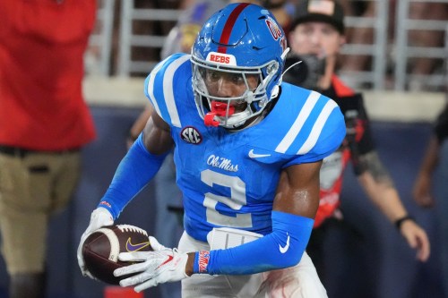 Mississippi cornerback Jaylon Braxton (2) secures an end zone interception of a LSU pass during the second half of an NCAA college football game in Oxford, Miss., Saturday, Sept. 19, 2026. (AP Photo/Rogelio V. Solis)