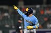 Milwaukee Brewers catcher William Contreras (24) points after hitting a solo home run against the Baltimore Orioles in the fourth inning of a baseball game, Sunday, Sept. 20, 2026, in Baltimore. (AP Photo/Gail Burton)