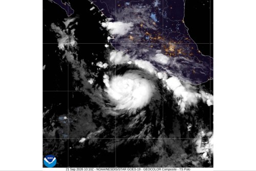 This satellite image from the National Oceanic and Atmospheric Administration shows Tropical Storm Polo, Monday, Sept. 21, 2026. (NOAA via AP)