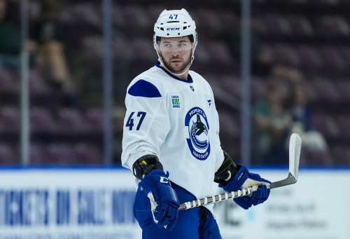 Vancouver Canucks' Paul Cotter looks on during the opening day of the NHL hockey team's training camp, in Penticton, B.C., on Thursday, Sept. 17, 2026. THE CANADIAN PRESS/Darryl Dyck