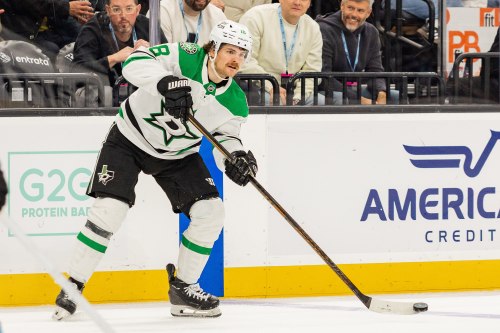 FILE - Dallas Stars center Sam Steel passes the puck against the Utah Mammoth during the second period of an NHL hockey game, Jan. 31, 2026, in Salt Lake City. (AP Photo/Melissa Majchrzak, File)