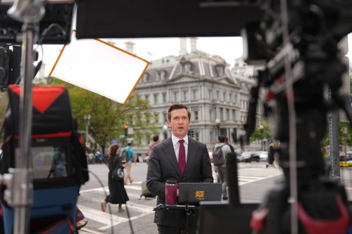 Vaughn Hillyard, White House correspondent for MS NOW, does a report from near the White House, Monday, Sept. 21, 2026, in Washington. (AP Photo/Mark Schiefelbein)