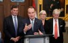 Canada-U.S. Trade Minister Dominic LeBlanc, Jobs and Families Minister Patty Hajdu and Energy and Natural Resources Minister Tim Hodgson listen to Steven MacKinnon, leader of the government in the House of Commons, respond to a question during a news conference in the Foyer of the House of Commons in Ottawa on Monday, Sept. 21, 2025. THE CANADIAN PRESS/Adrian Wyld