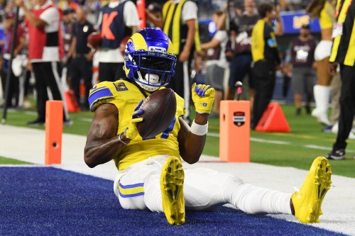 Los Angeles Rams wide receiver Davante Adams (17) celebrates after a touchdown catch during the second half of an NFL football game against the New York Giants in Inglewood, Calif., Monday, Sept. 21, 2026. (AP Photo/Katie Chin)