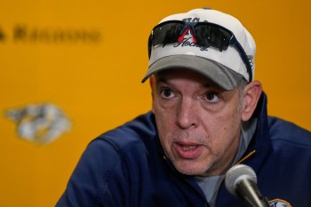 Nashville Predators general manager Chris MacFarland speaks during a news conference at the team's NHL hockey training camp Thursday, Sept. 17, 2026, in Nashville, Tenn. (AP Photo/George Walker IV)
