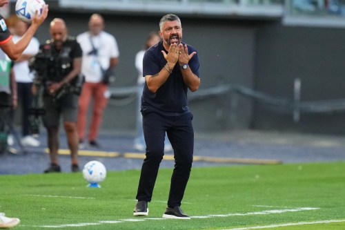 Lazio's head coach Gennaro Gattuso calls out to his players during a Serie A soccer match between Lazio and AC Milan, in Rome, Saturday, Sept. 12, 2026. (AP Photo/Alessandra Tarantino)