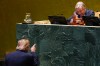 President Donald Trump points toward United Nations Secretary-General Antonio Guterres, after speaking to the United Nations General Assembly, Tuesday, Sept. 22, 2026, at the UN headquarters. (AP Photo/Julia Demaree Nikhinson)