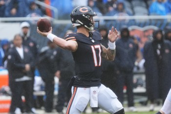 Chicago Bears quarterback Tyson Bagent (17) stands back to pass during the second half of an NFL football game in Chicago Minnesota Vikings, Sunday, Sept. 20, 2026. (AP Photo/David Banks)