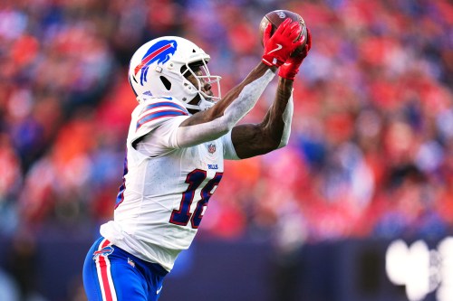 FILE - Buffalo Bills wide receiver Brandin Cooks catches a pass during the first half of an NFL divisional round playoff football game against the Denver Broncos, Jan. 17, 2026, in Denver. (AP Photo/Jack Dempsey, File)