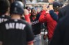 Washington Nationals' CJ Abrams, middle, is congratulated after hitting a home run during the first inning of a baseball game against the Detroit Tigers, Tuesday, Sept. 22, 2026, in Detroit. (AP Photo/Jose Juarez)