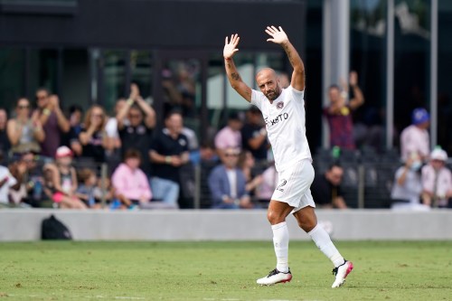 FILE - Inter Miami forward Federico Higuain waves to fans as he leaves the field the second half of an MLS soccer match against New York City FC, Saturday, Oct. 30, 2021, during, in Fort Lauderdale, Fla. (AP Photo/Wilfredo Lee, File)
